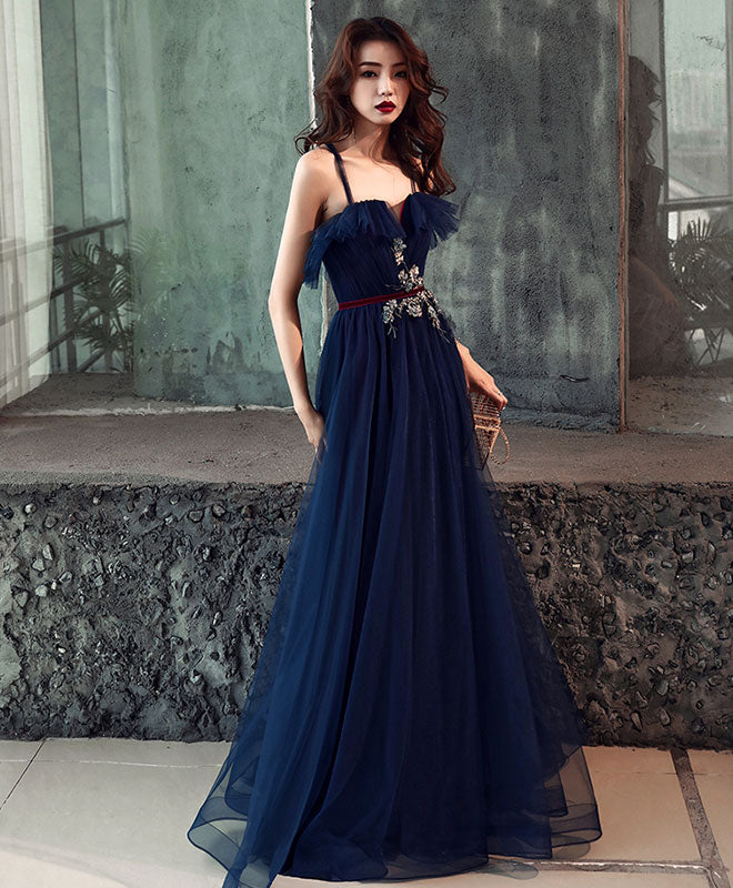 Dark blue tulle long prom dress, dark ...